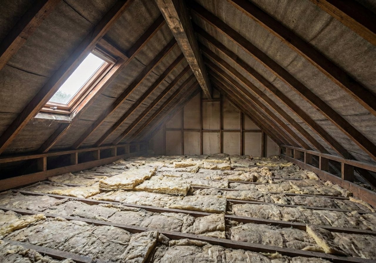 Before: older loft with ageing fibreglass insulation
