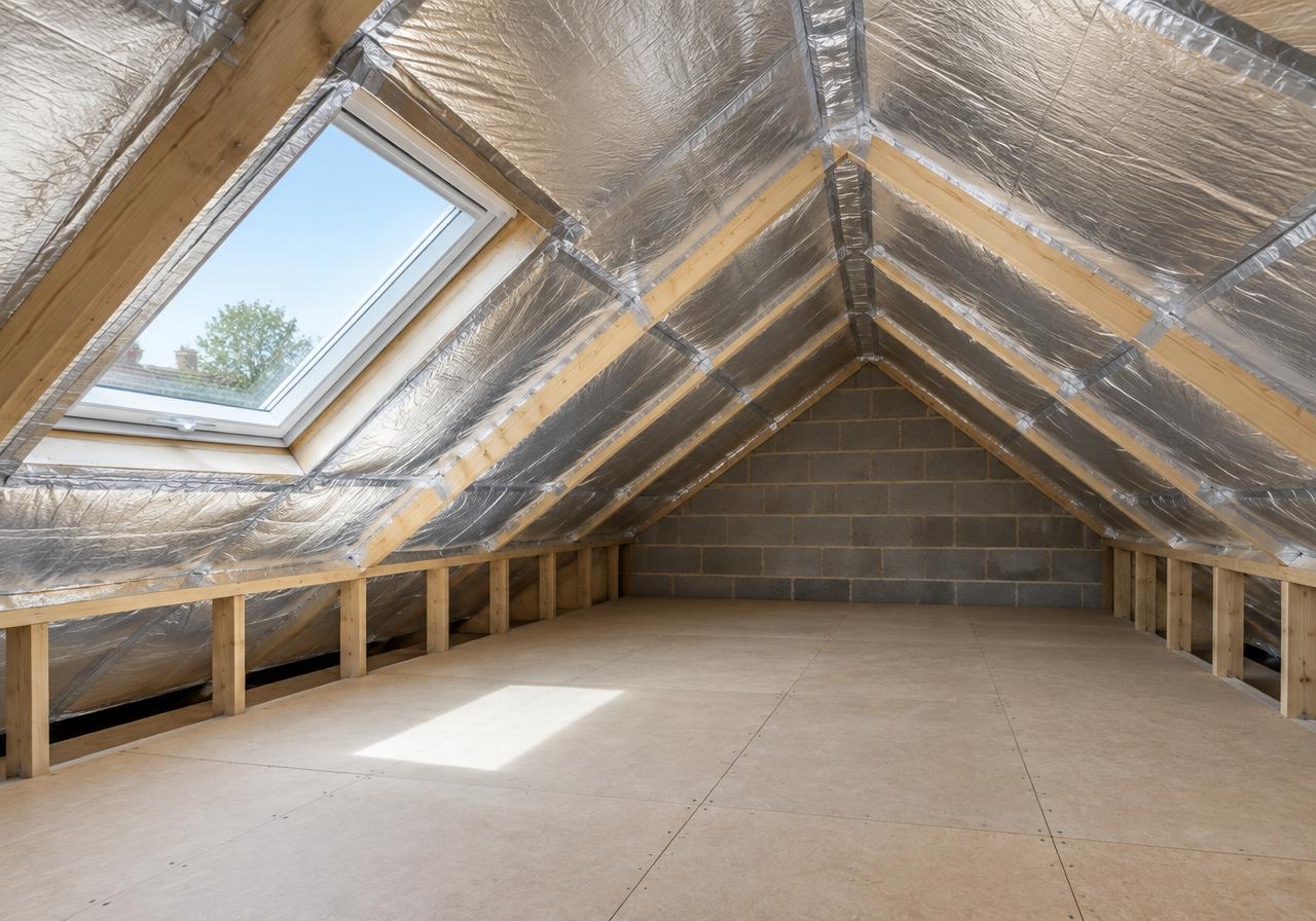 Clean UK loft with reflective multifoil insulation fitted neatly across the rafters